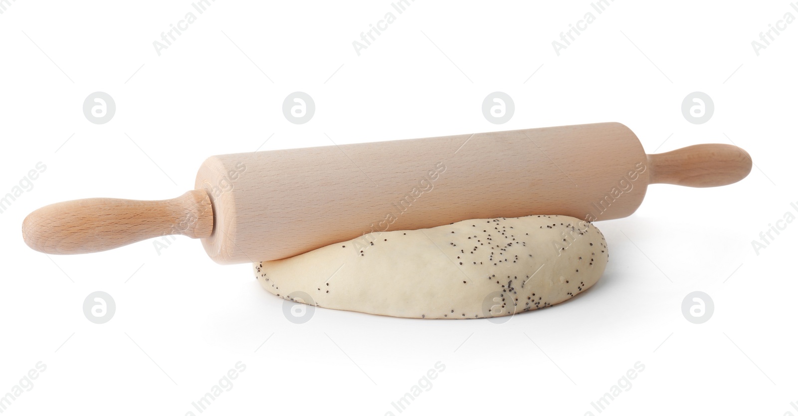 Photo of Raw dough and rolling pin on white background