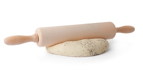 Raw dough and rolling pin on white background