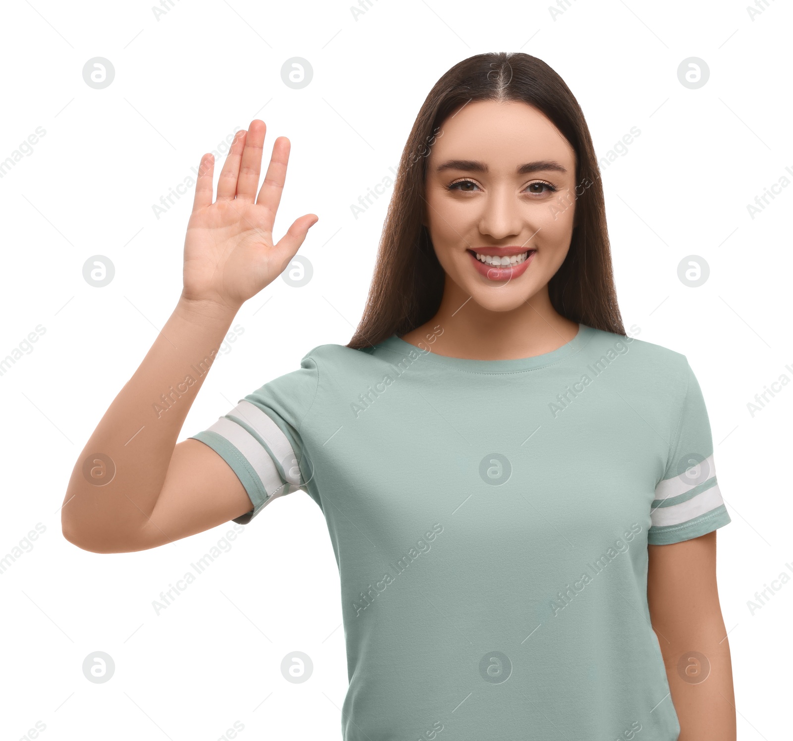 Photo of Happy woman giving high five on white background