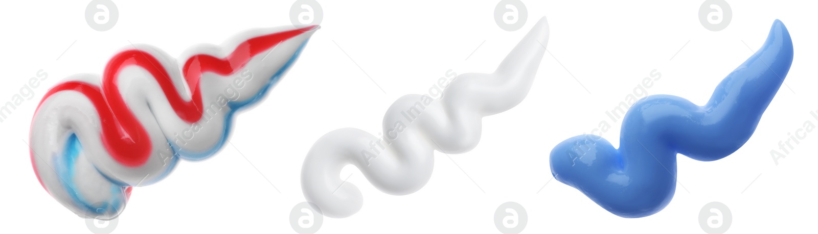 Image of Set with smears of toothpaste on white background, top view. Banner design