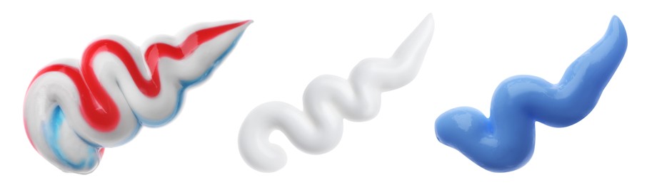 Image of Set with smears of toothpaste on white background, top view. Banner design