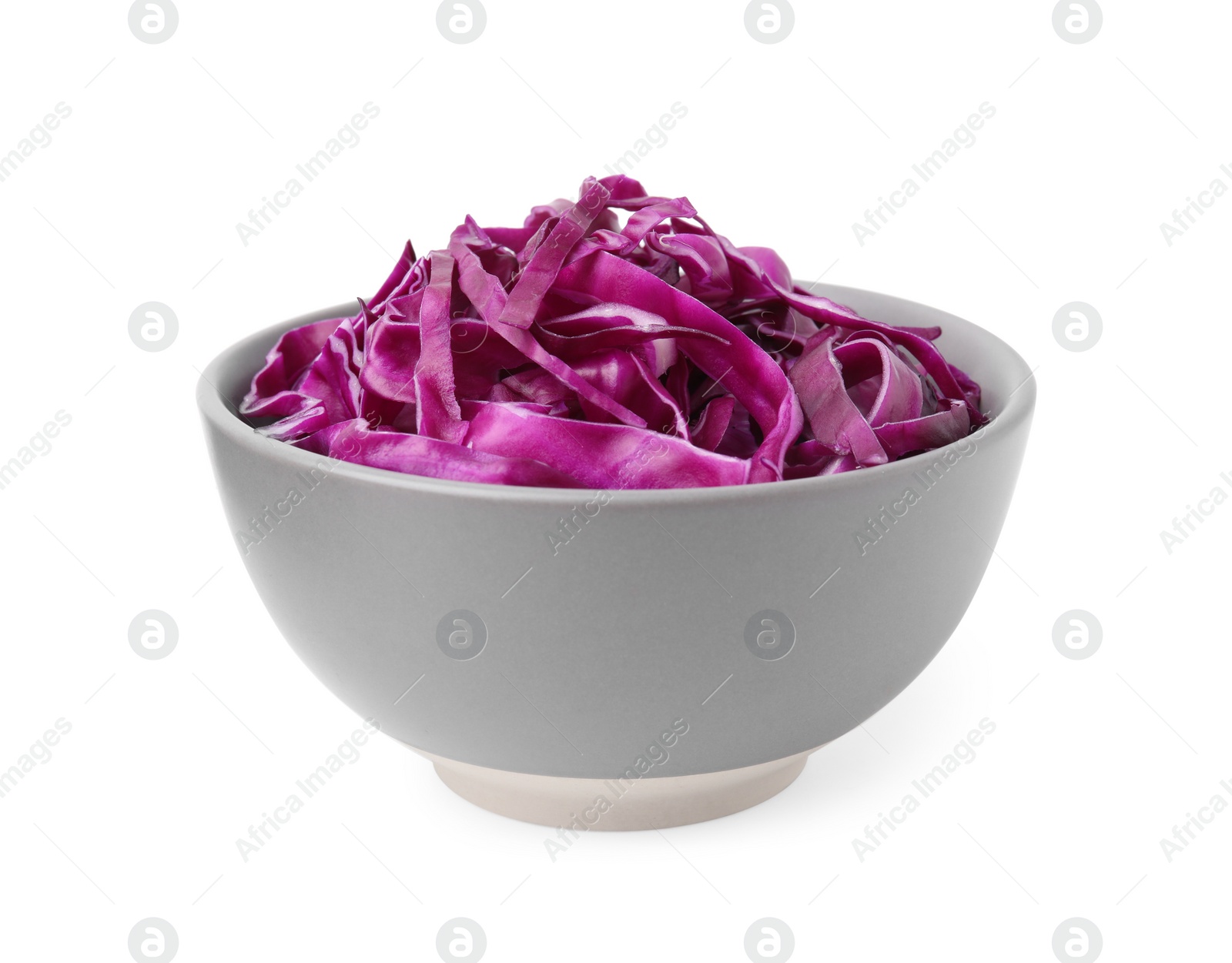 Photo of Bowl with shredded red cabbage isolated on white