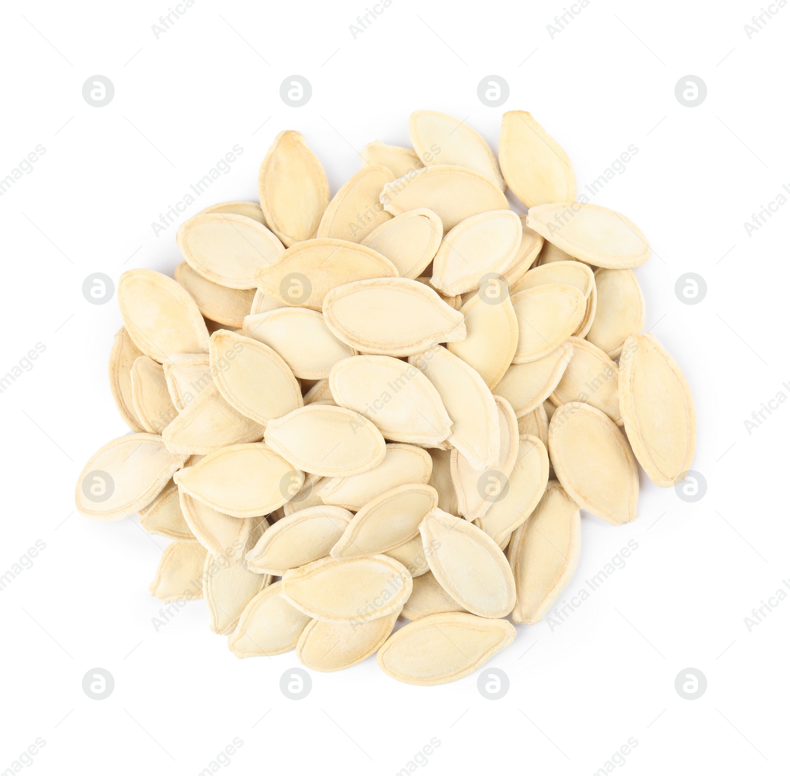 Photo of Pile of raw pumpkin seeds on white background, top view