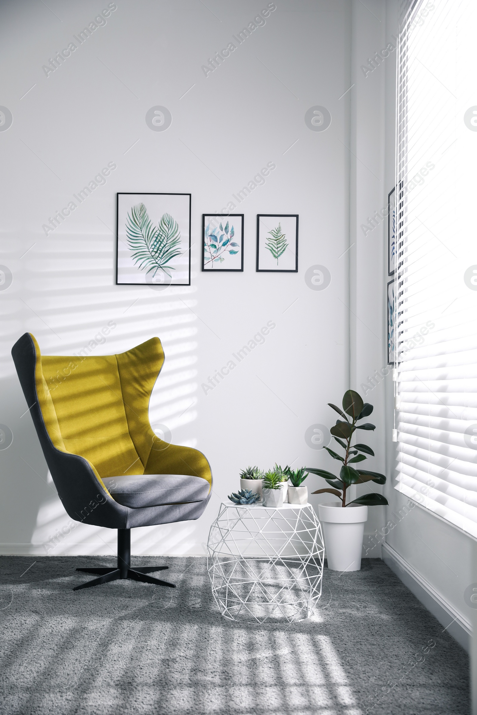 Photo of Comfortable armchair near white wall in light room