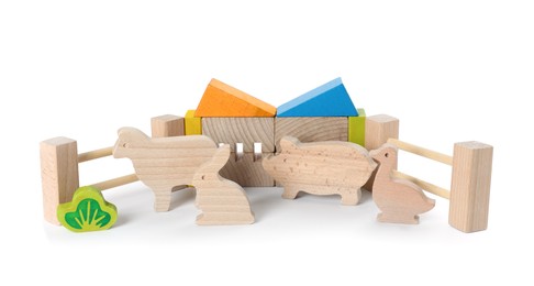 Photo of Different wooden toys isolated on white. Children's development