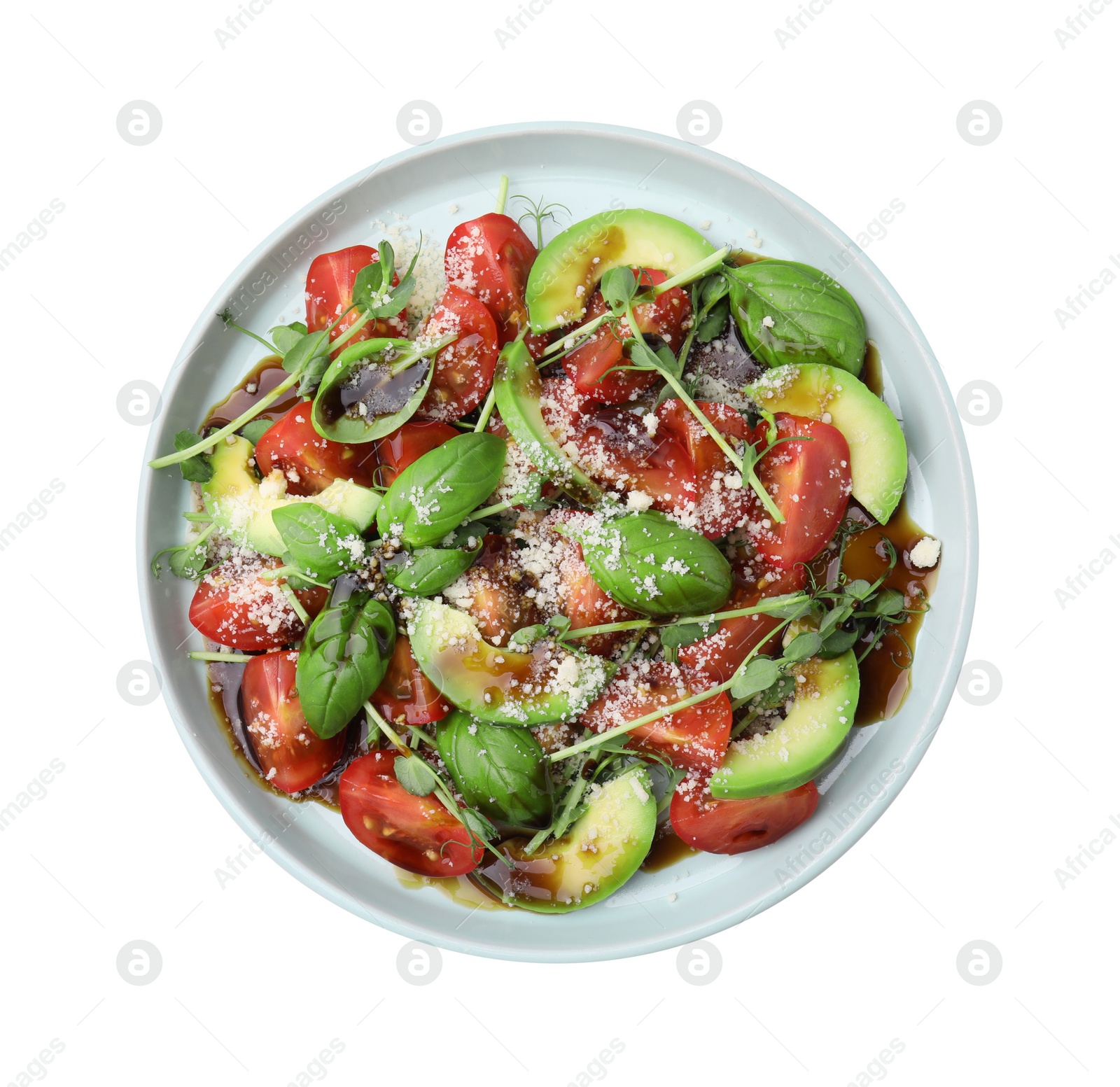 Photo of Tasty salad with balsamic vinegar isolated on white, top view
