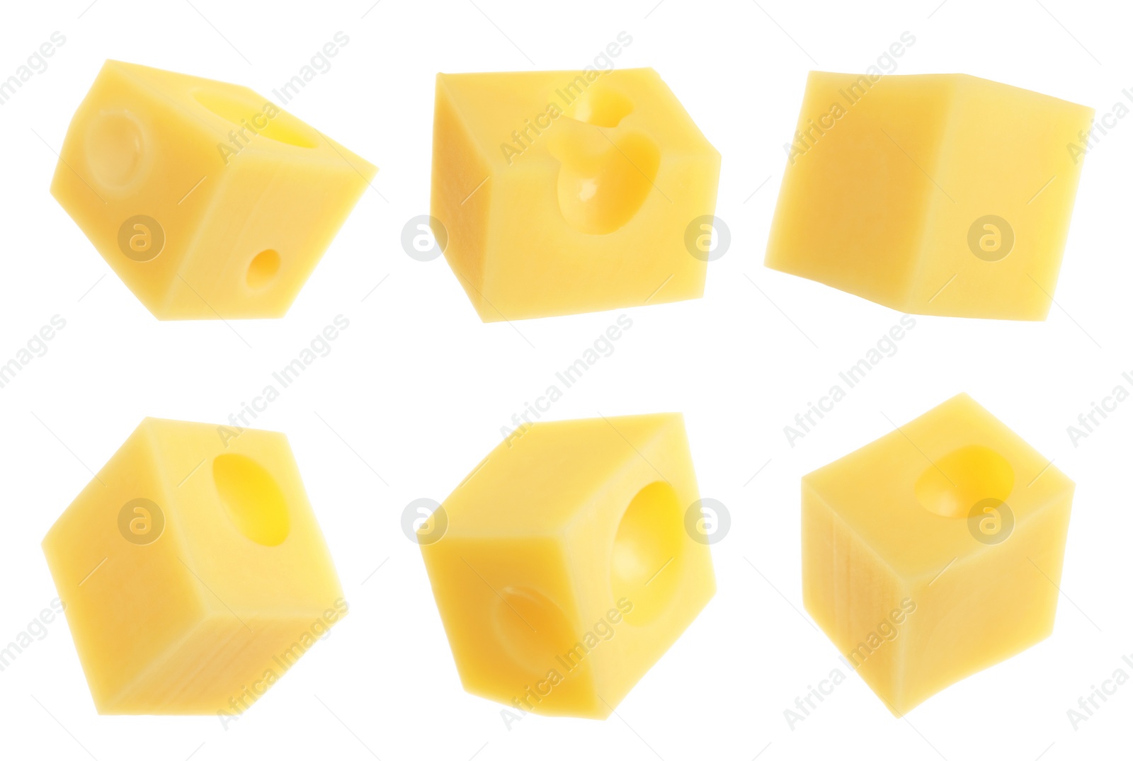 Image of Pieces of delicious cheese on white background, collage