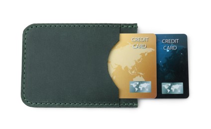 Photo of Leather card holder with plastic credit cards isolated on white, top view