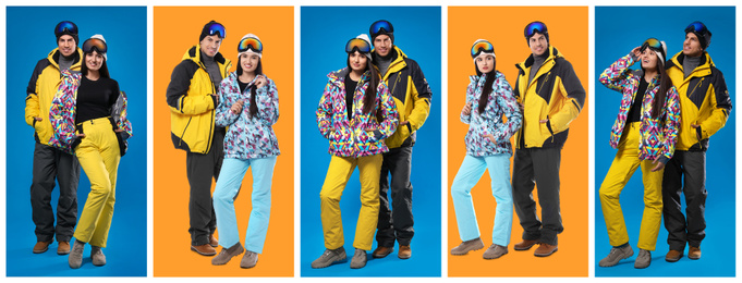 Image of Collage of couple wearing winter sports clothes on color backgrounds