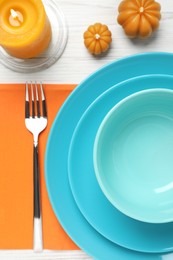 Photo of Elegant festive setting on white wooden table, flat lay