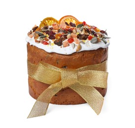 Photo of Traditional Easter cake with dried fruits on white background