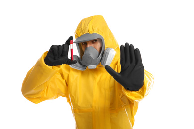 Photo of Man in chemical protective suit holding test tube of blood sample on white background. Virus research