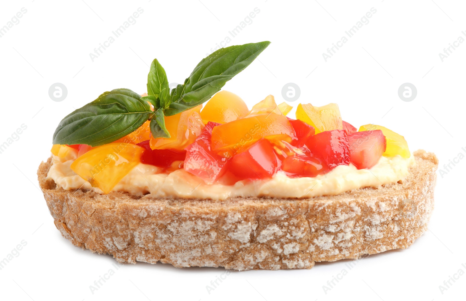 Photo of Tasty fresh tomato bruschetta on white background