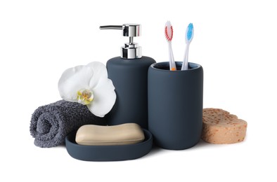 Photo of Bath accessories. Different personal care products and flower isolated on white