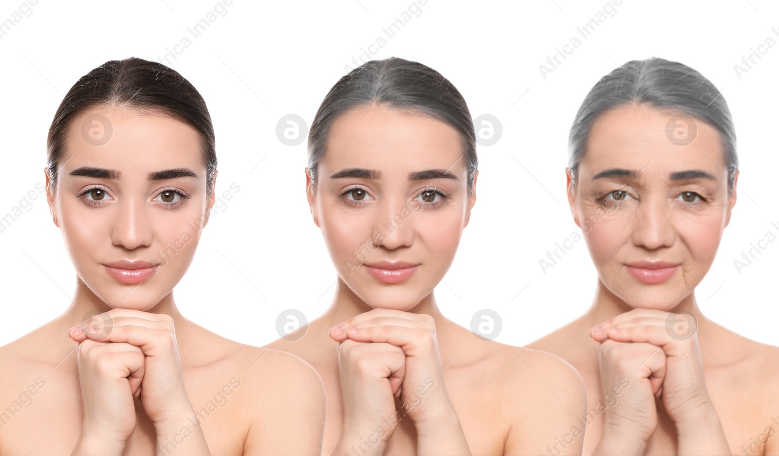 Image of Natural aging, comparison. Portraits of woman in different ages on white background