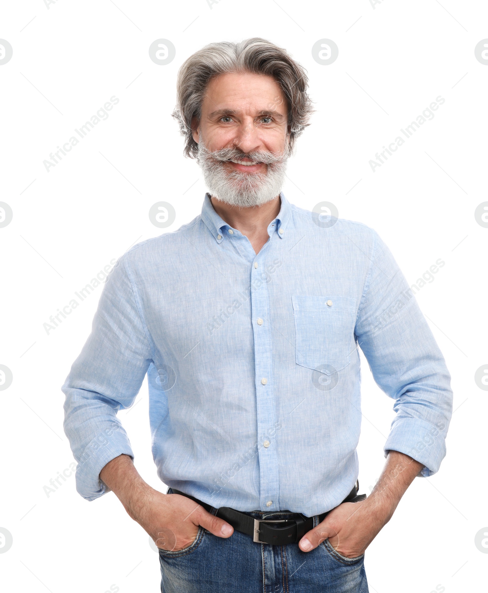 Photo of Portrait of handsome mature man on white background