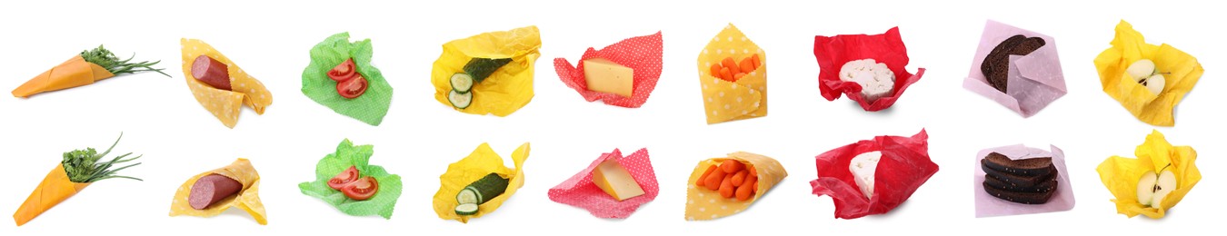 Image of Collage of different food products in beeswax food wraps isolated on white, top and side views