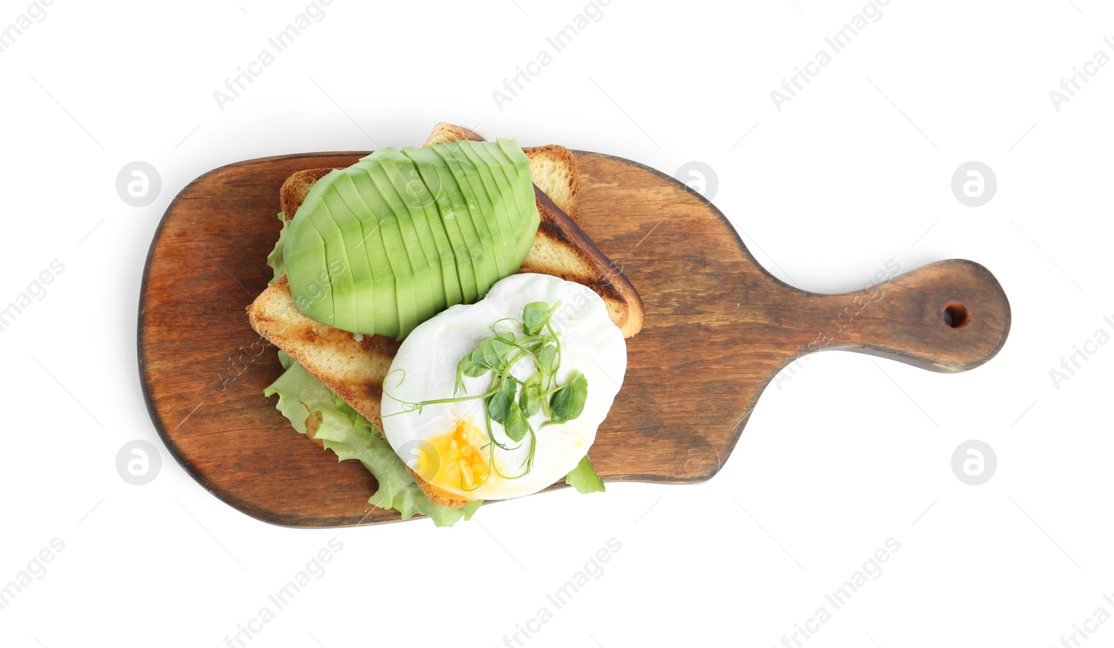 Photo of Delicious poached egg with toasted bread and avocado isolated on white, top view