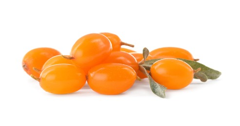 Fresh ripe sea buckthorn berries with leaves on white background