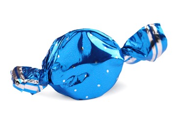 Photo of Candy in light blue wrapper isolated on white