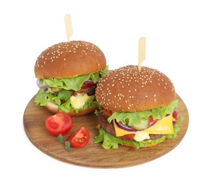 Photo of Delicious burgers with beef patty and tomatoes isolated on white