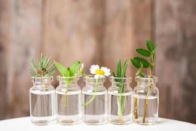 Glass bottles of different essential oils with plants on table
