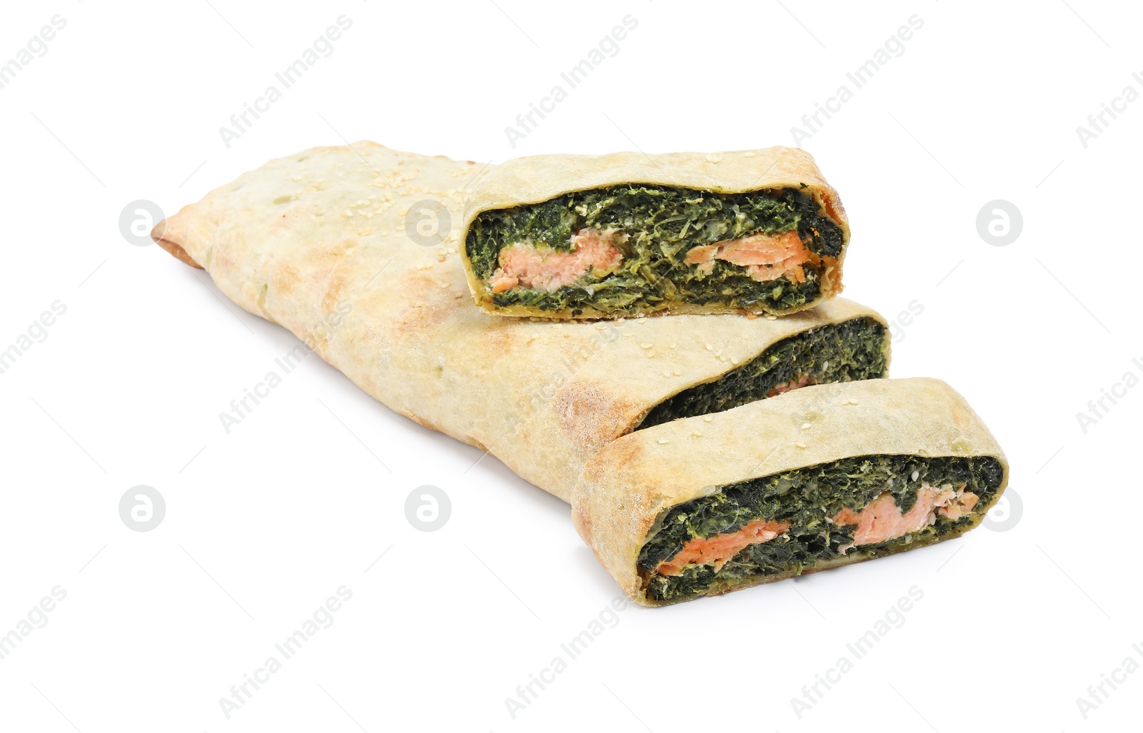 Photo of Cut tasty strudel with salmon and spinach isolated on white