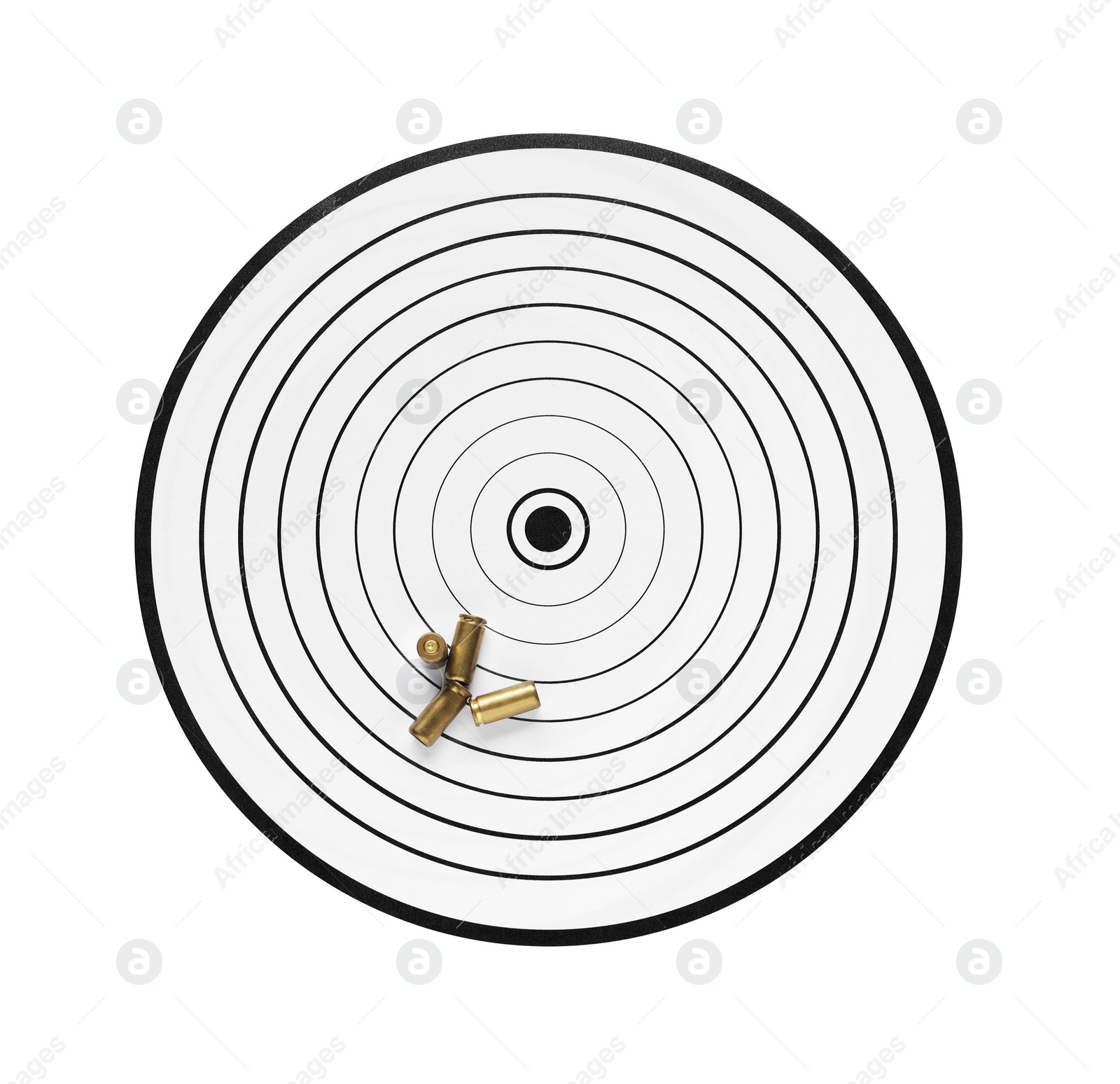 Photo of Shooting target and bullets isolated on white, top view