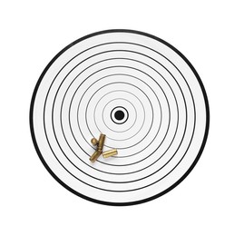 Photo of Shooting target and bullets isolated on white, top view