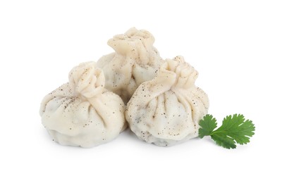 Three tasty khinkali (dumplings) and spices isolated on white. Georgian cuisine