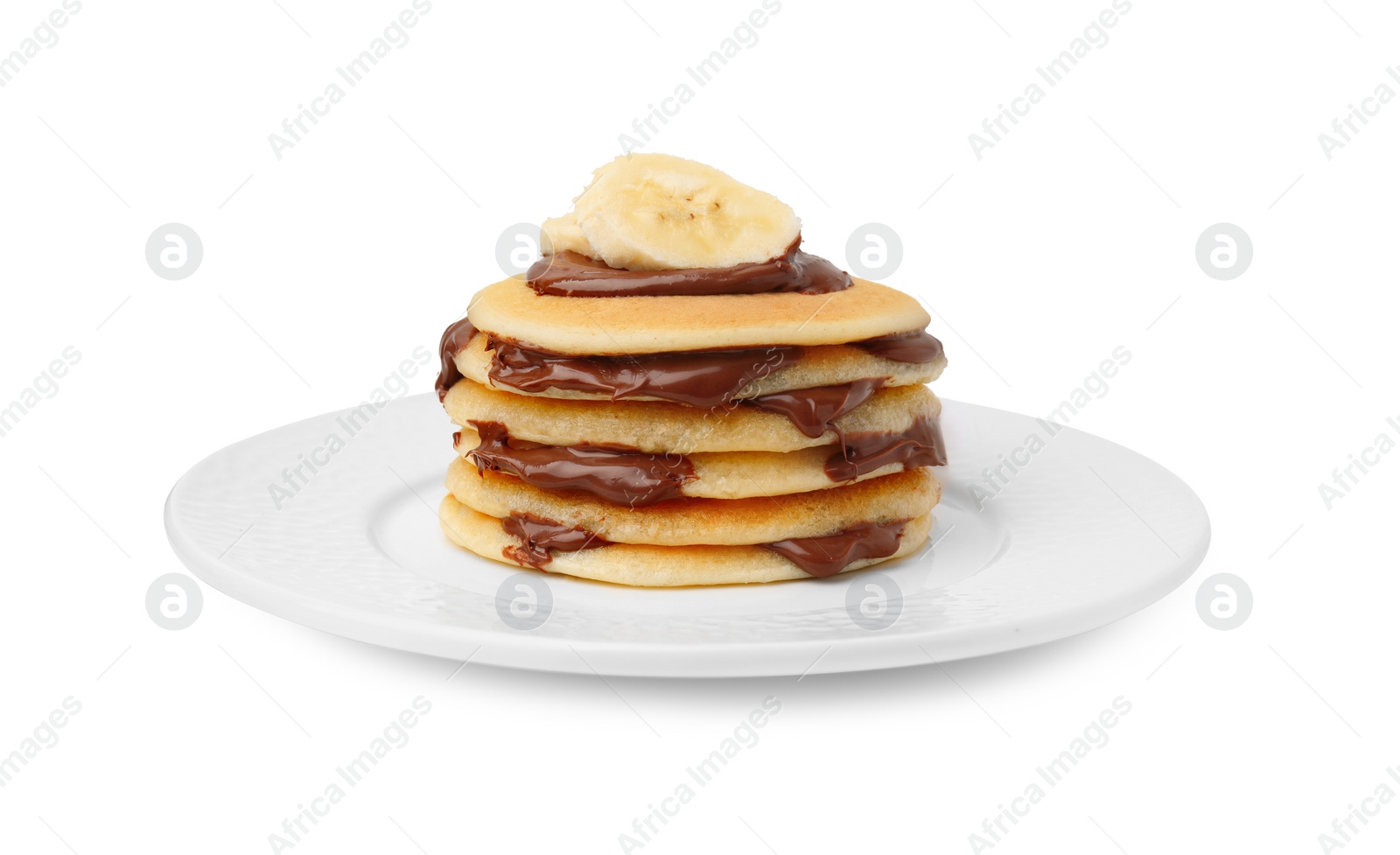 Photo of Stack of tasty pancakes with chocolate spread and banana slices isolated on white
