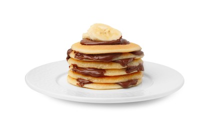 Photo of Stack of tasty pancakes with chocolate spread and banana slices isolated on white