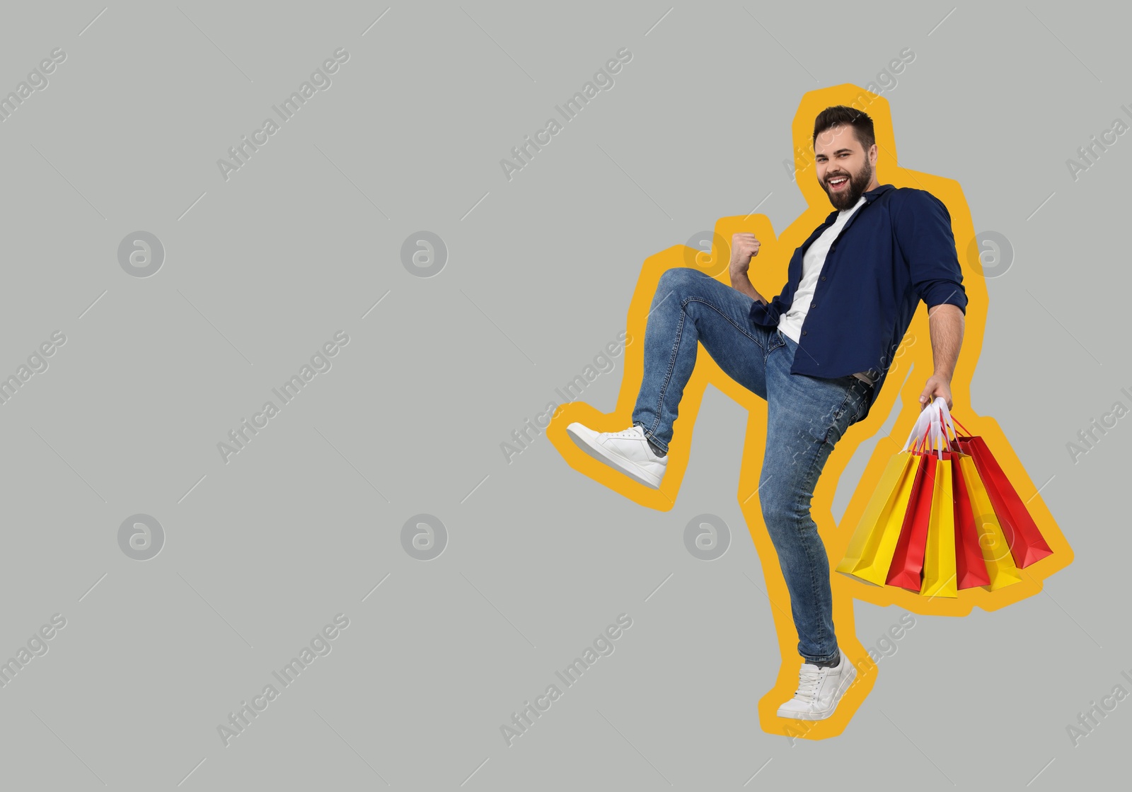 Image of Happy man with shopping bags on grey background, space for text