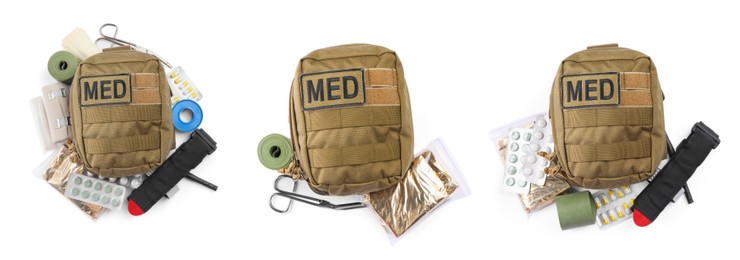 Image of Collage with military first aid kit on white background, banner design