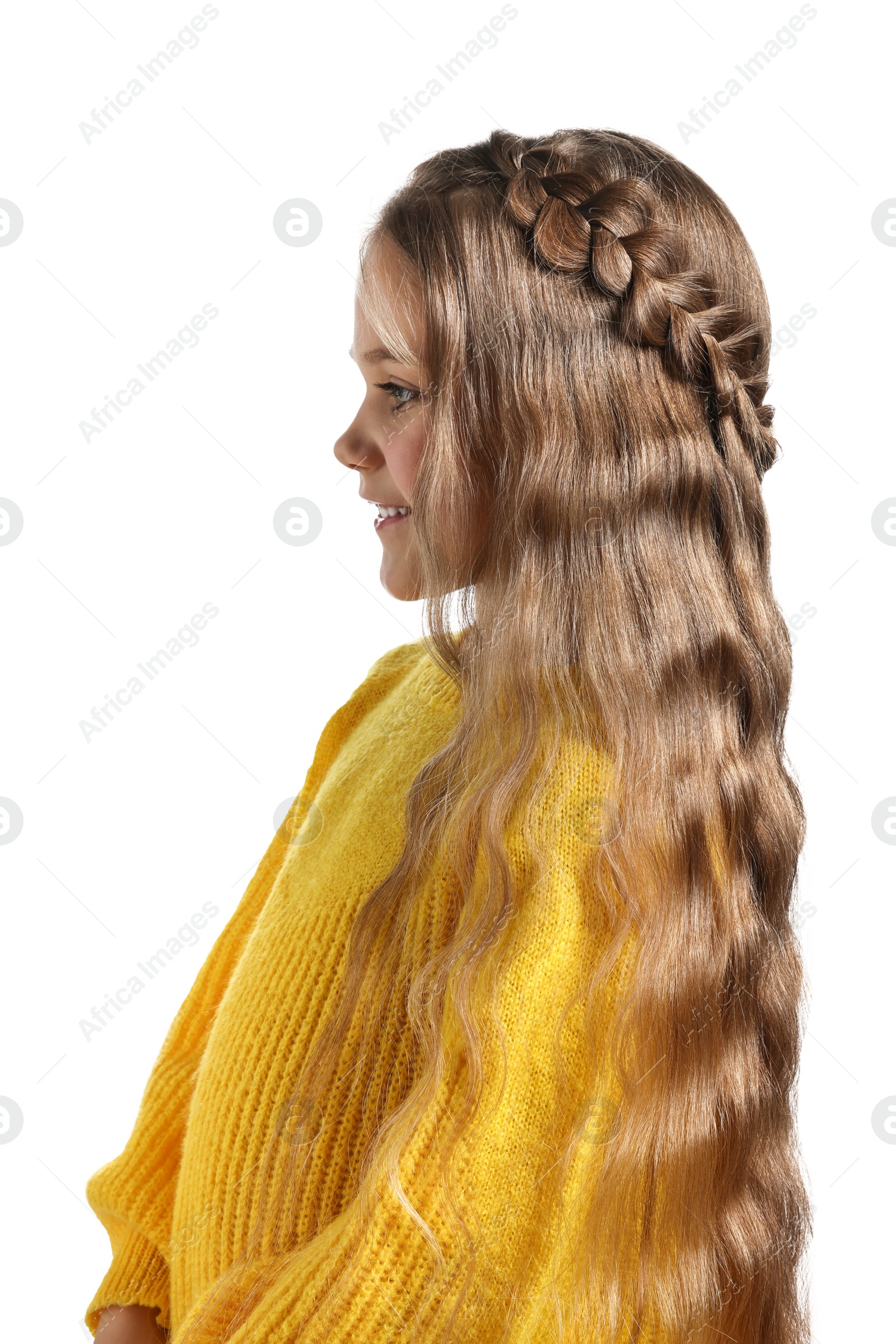 Photo of Cute little girl with braided hair on white background