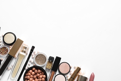 Photo of Set of luxury makeup products on white background, flat lay