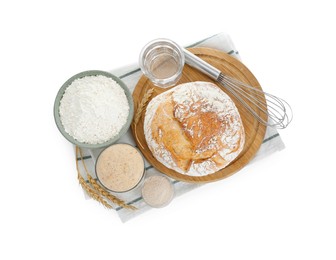 Freshly baked bread, sourdough and other ingredients on white background, top view