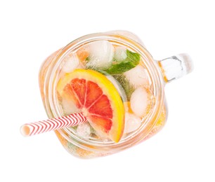 Photo of Delicious refreshing drink with sicilian orange, fresh mint and ice cubes in mason jar isolated on white, top view