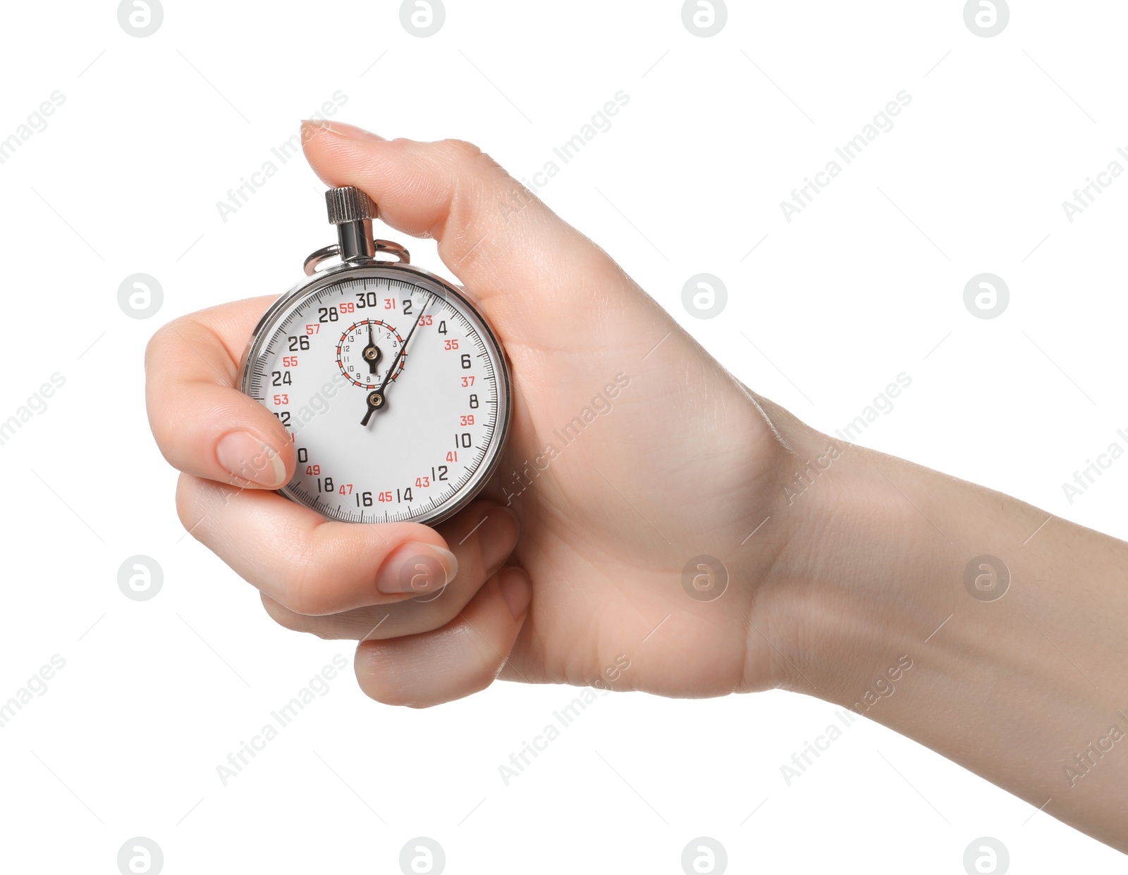 Photo of Woman holding vintage timer on white background, closeup