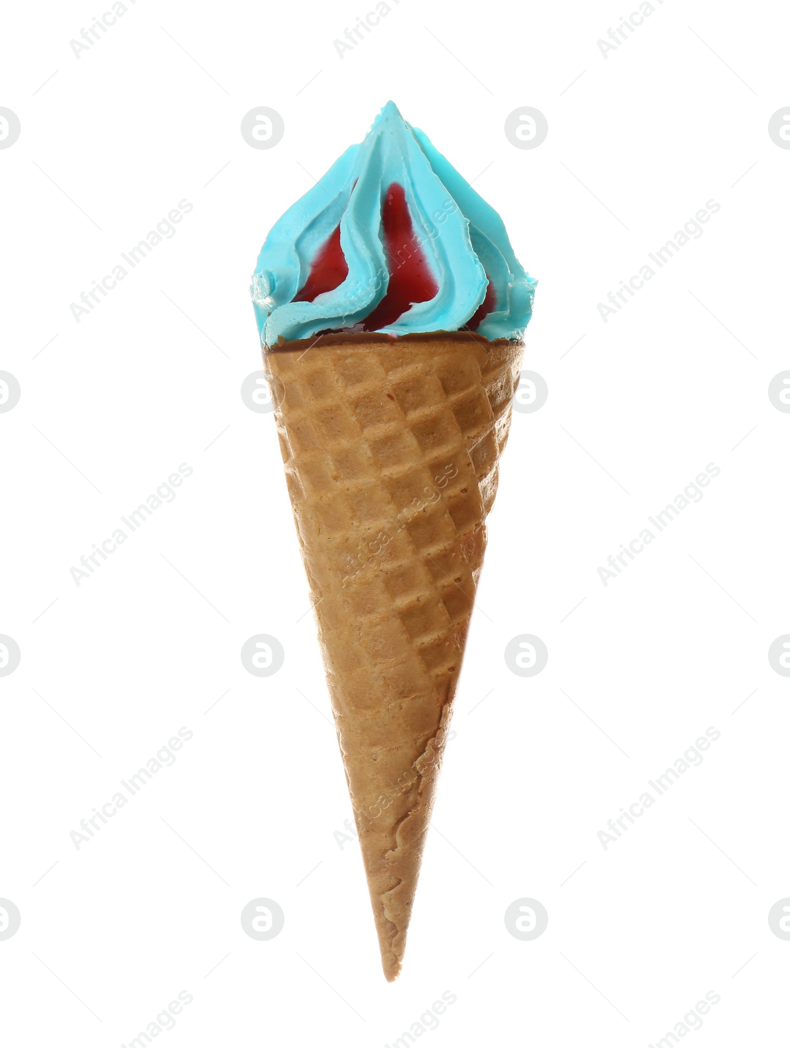 Photo of Woman holding waffle cone with delicious ice cream on white background