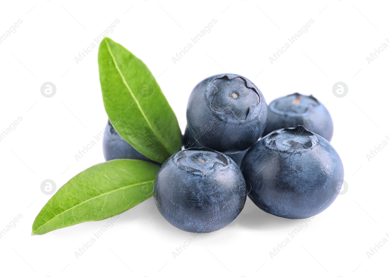 Photo of Fresh raw tasty blueberries with leaves isolated on white