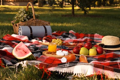 Photo of Picnic basket, food and drinks on plaid in summer park