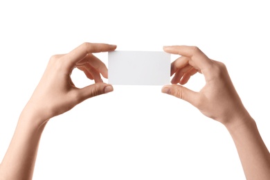 Woman holding business card on white background, closeup. Space for design