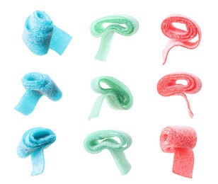 Image of Collage with jelly candies on white background, different sides