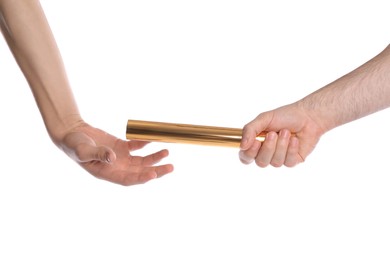 Photo of Man passing relay baton to teammate isolated on white, closeup