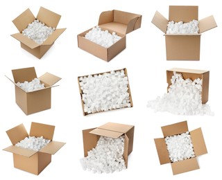 Image of Set with cardboard boxes with styrofoam cubes on white background