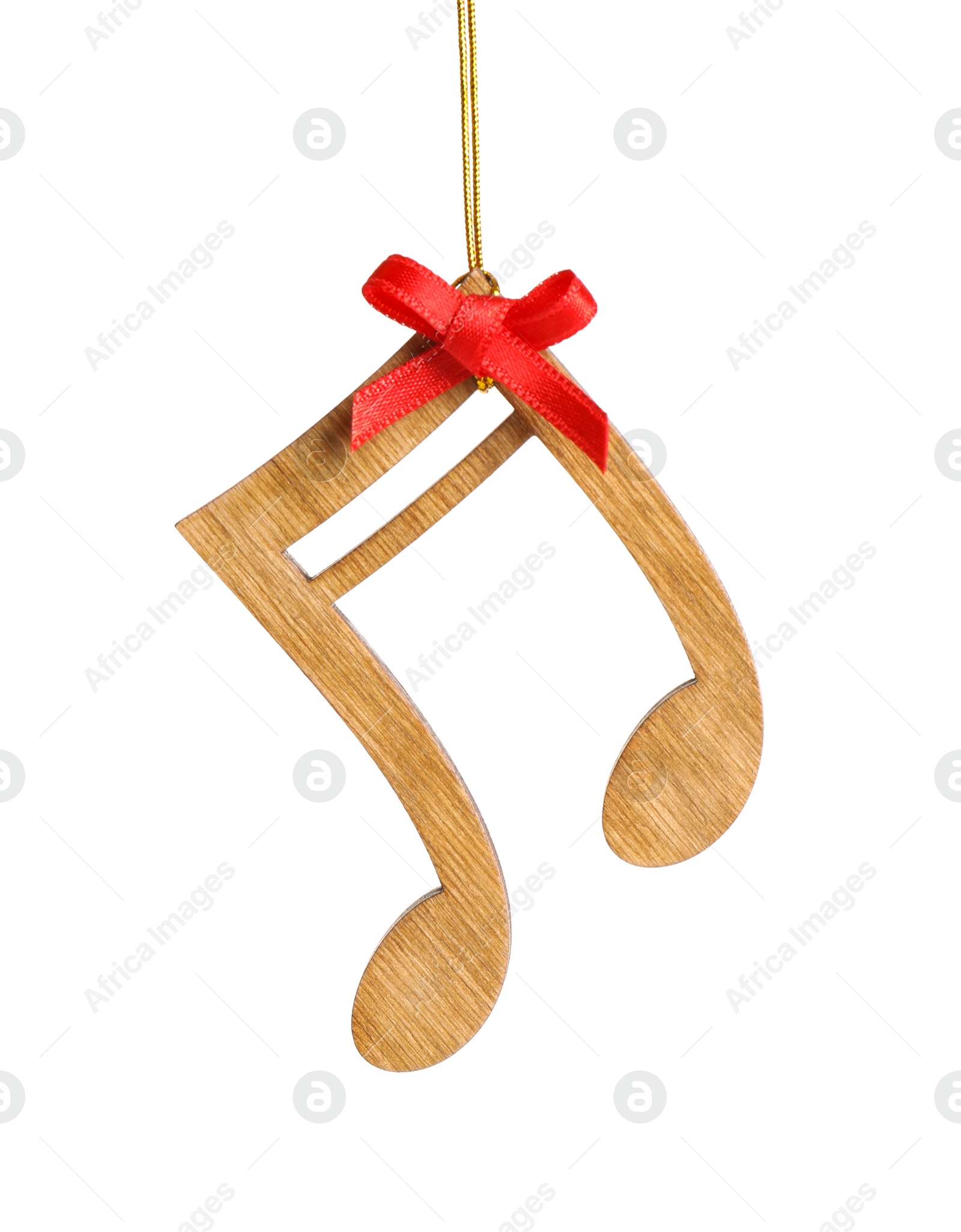 Photo of Wooden note with red bow isolated on white. Christmas music concept