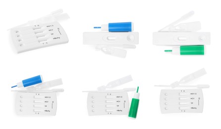 Image of Set with disposable express test kits for hepatitis on white background