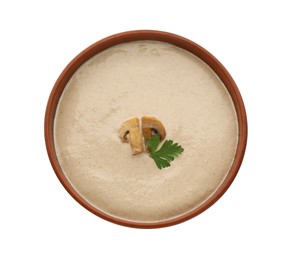 Photo of Delicious mushroom cream soup with parsley on white background, top view