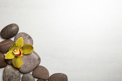 Spa stones with orchid flower on light background, flat lay. Space for text